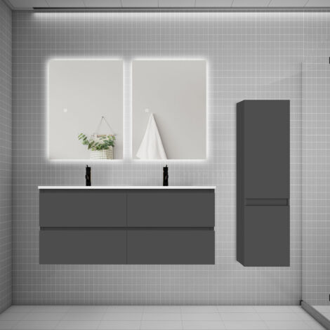Ensemble meuble de salle de bain et lavabo anthracite (L.120cm) 4 tiroirs + meuble haut + lavabo + miroir LED2
