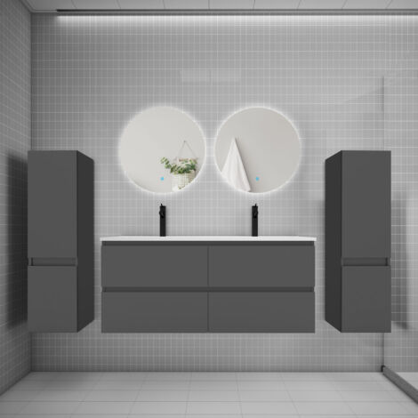 Ensemble meuble de salle de bain et lavabo anthracite (L.120cm) 4 tiroirs + meuble haut2 + lavabo + miroir rond LED2
