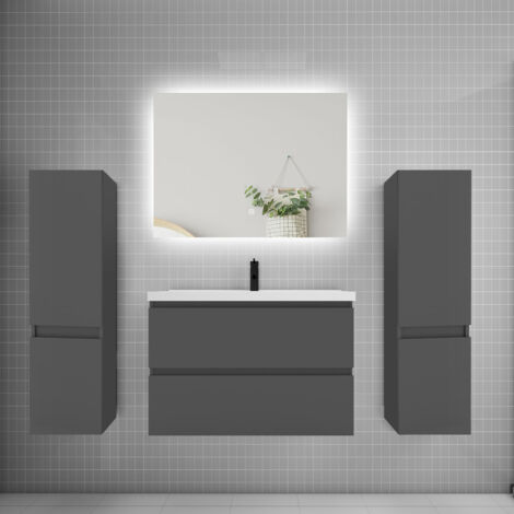 Ensemble meuble de salle de bain et lavabo anthracite (L.80cm) 2 tiroirs + meuble haut2 + lavabo + miroir LED