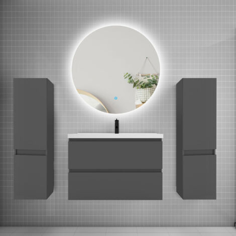 Ensemble meuble de salle de bain et lavabo anthracite (L.80cm) 2 tiroirs + meuble haut2 + lavabo + miroir rond LED