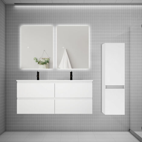 Ensemble meuble de salle de bain et lavabo blanc (L.120cm) 4 tiroirs + meuble haut + lavabo + miroir LED2