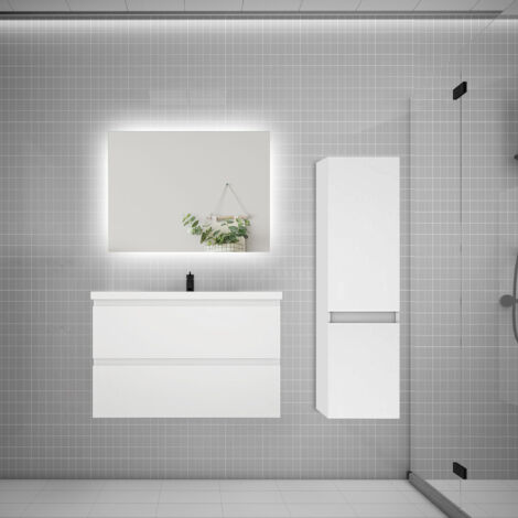 Ensemble meuble de salle de bain et lavabo blanc (L.80cm) 2 tiroirs + meuble haut + lavabo + miroir LED