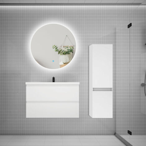 Ensemble meuble de salle de bain et lavabo blanc (L.80cm) 2 tiroirs + meuble haut + lavabo + miroir rond LED