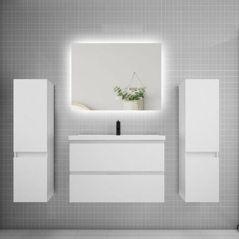 Ensemble meuble de salle de bain et lavabo blanc (L.80cm) 2 tiroirs + meuble haut2 + lavabo + miroir LED