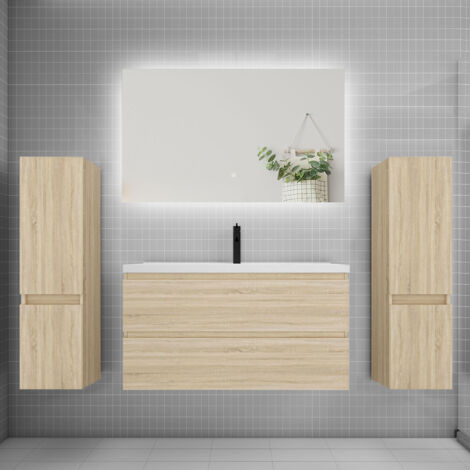Ensemble meuble de salle de bain et lavabo chêne (L.100cm) 2 tiroirs + meuble haut2 + lavabo + miroir LED