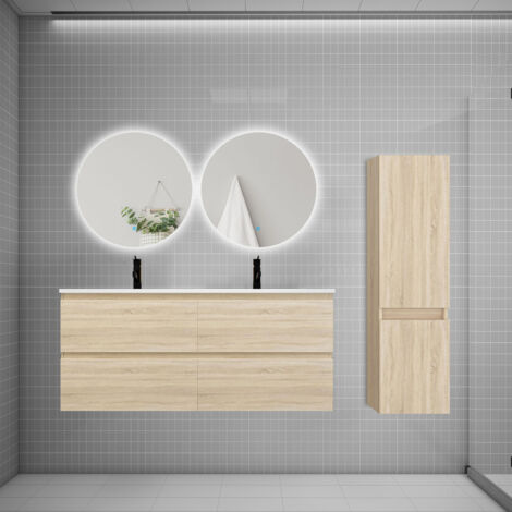Ensemble meuble de salle de bain et lavabo chêne (L.120cm) 4 tiroirs + meuble haut + lavabo + miroir rond LED2