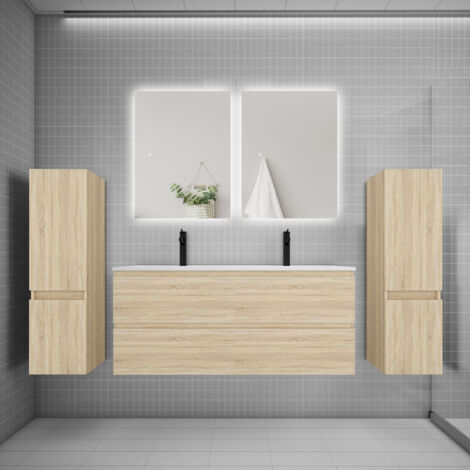 Ensemble meuble de salle de bain et lavabo chêne (L.120cm) 4 tiroirs + meuble haut2 + lavabo + miroir LED2