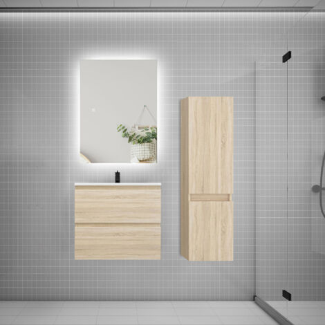Ensemble meuble de salle de bain et lavabo chêne ( L.60 cm) 2 tiroirs + meuble haut + lavabo + miroir LED