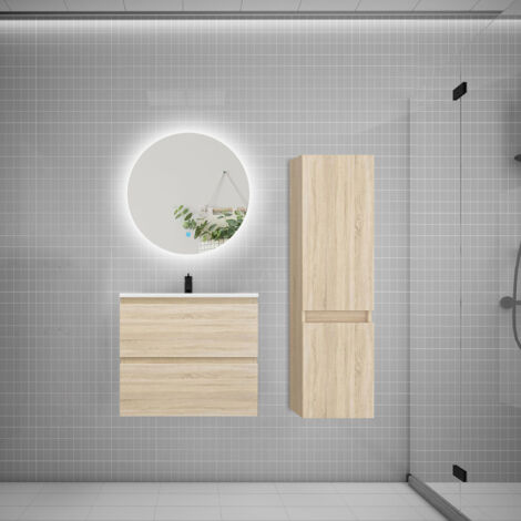 Ensemble meuble de salle de bain et lavabo chêne ( L.60 cm) 2 tiroirs + meuble haut + lavabo + miroir rond LED