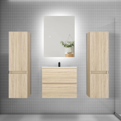 Ensemble meuble de salle de bain et lavabo chêne ( L.60 cm) 2 tiroirs + meuble haut2 + lavabo + miroir LED