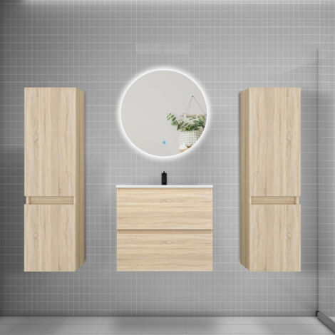 Ensemble meuble de salle de bain et lavabo chêne ( L.60 cm) 2 tiroirs + meuble haut2 + lavabo + miroir rond LED