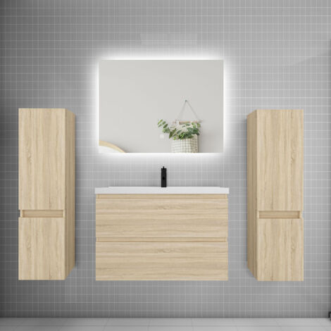 Ensemble meuble de salle de bain et lavabo chêne (L.80cm) 2 tiroirs + meuble haut2 + lavabo + miroir LED