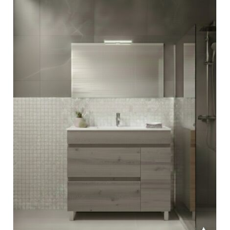 Ensemble Meuble de salle de bain FENRIR Livré Monté 2 tiroirs et porte avec pieds, lavabo et miroir Chêne fumé 90x45 cm