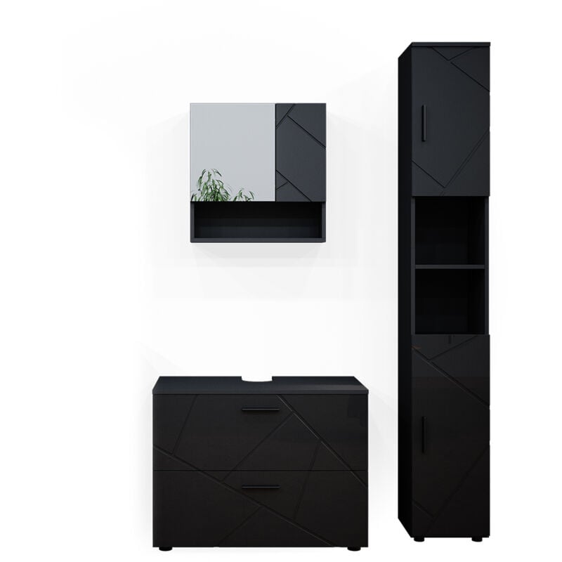 Ensemble de meubles de salle de bain Irma, Anthracite Haute brillance, 3 pièces, avec armoire à tiroirs et armoire haute, Vicco