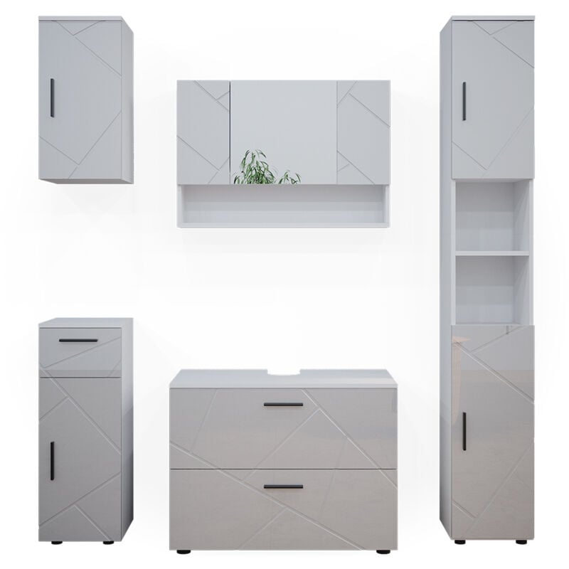 Vicco - Ensemble de meubles de salle de bain Irma, Blanc Haute brillance, 5 pièces