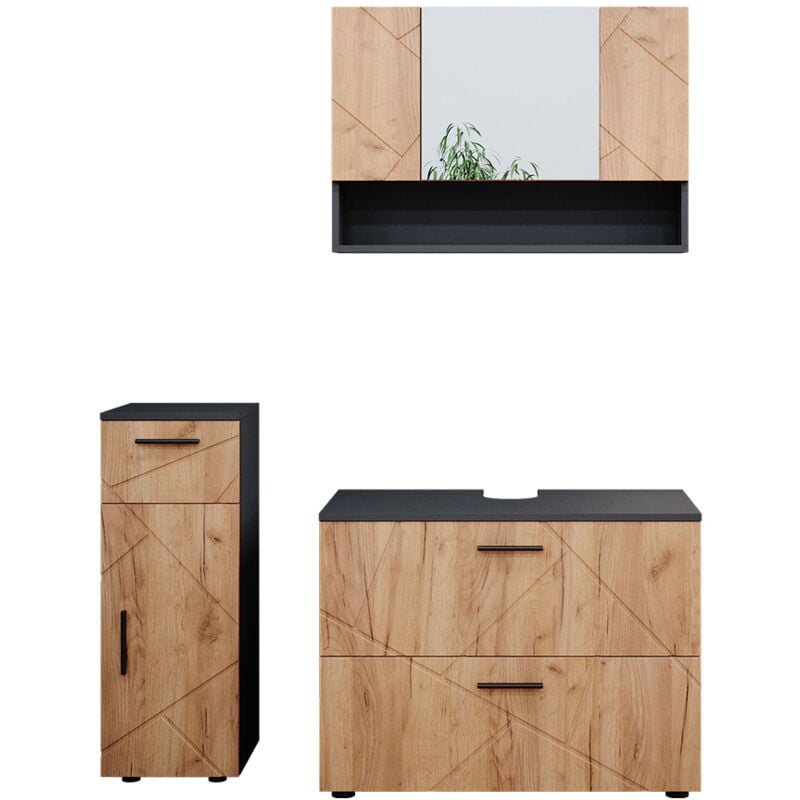 Vicco - Ensemble de meubles de salle de bain Irma, Chêne doré/anthracite, 3 pièces, avec armoire à tiroirs et armoire centrale