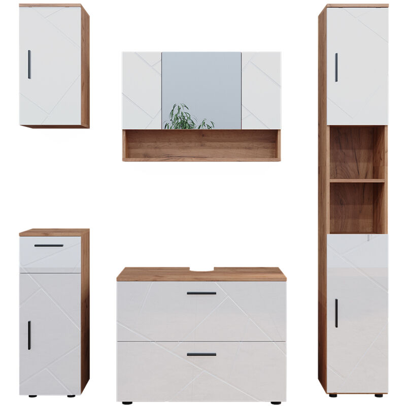 Vicco - Ensemble de meubles de salle de bain Irma, Blanc brillant/Chêne doré, 5 pièces
