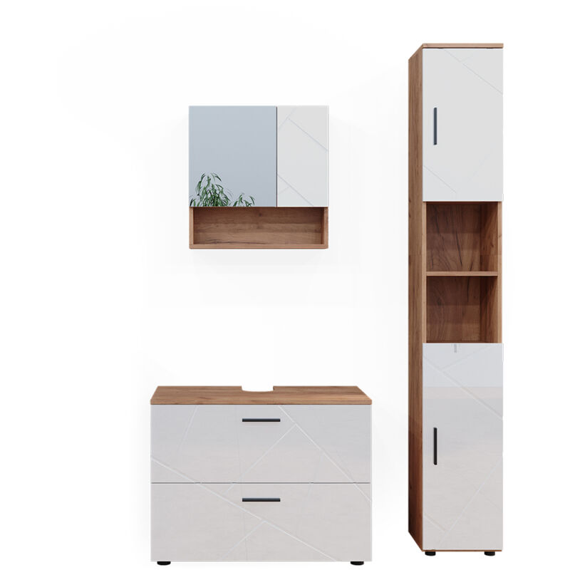 Vicco - Ensemble de meubles de salle de bain Irma, Blanc brillant/Chêne doré, 3 pièces, avec armoire à tiroirs et armoire haute