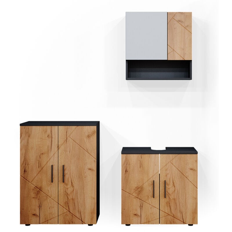 Ensemble de meubles de salle de bain Irma, Chêne doré/anthracite, 3 pièces, avec armoire basse 60 cm, Vicco
