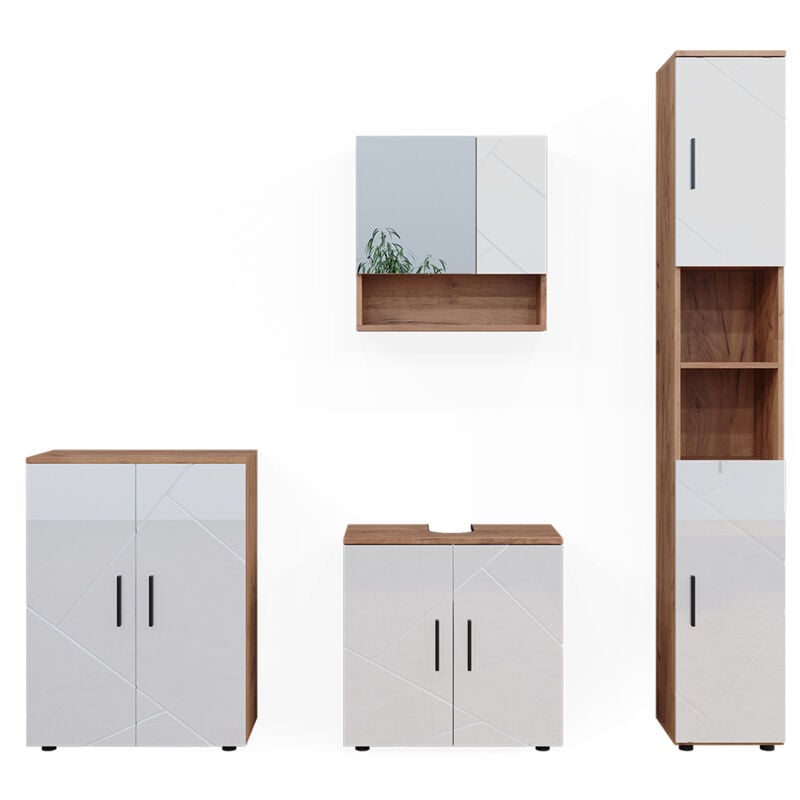 Ensemble de meubles de salle de bain Irma, Blanc brillant/Chêne doré, 4 pièces, avec armoire haute et commode, Vicco
