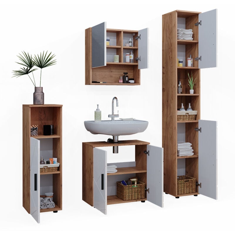 Vicco - Ensemble de meubles de salle de bain Irma, Blanc brillant/Chêne doré, 4 pièces, avec armoire haute
