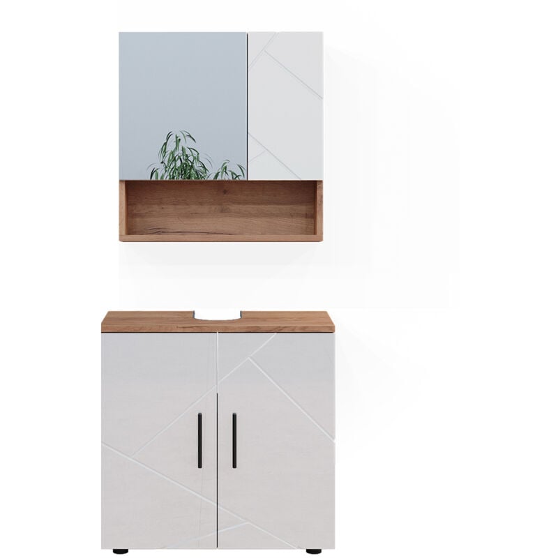 Vicco - Ensemble de meubles de salle de bain Irma, Blanc brillant/Chêne doré, 2 pièces, armoire basse 60 cm