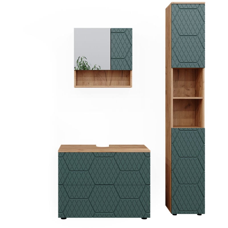 Vicco - Ensemble de meubles de salle de bain Irma, Vert, 3 pièces, avec armoire à tiroirs et armoire haute