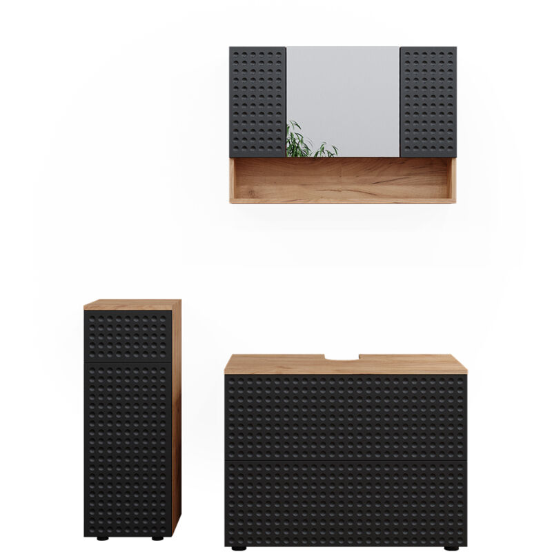 Vicco - Ensemble de meubles de salle de bain Irma, Anthracite à pois, 3 pièces, avec armoire à tiroirs et armoire middle