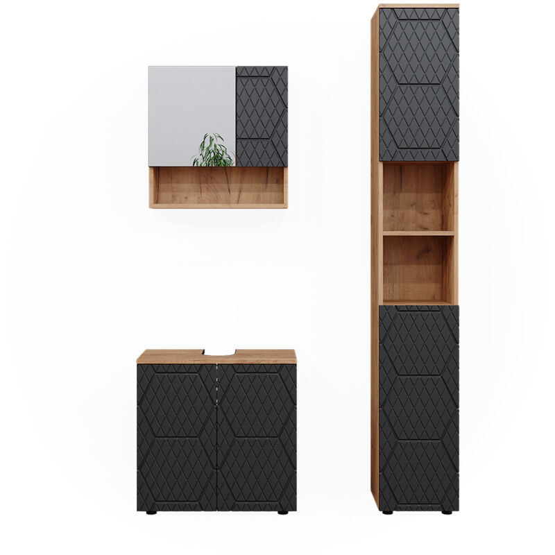 Vicco - Ensemble de meubles de salle de bain Irma, Anthracite rayé, 3 pièces, avec armoire haute
