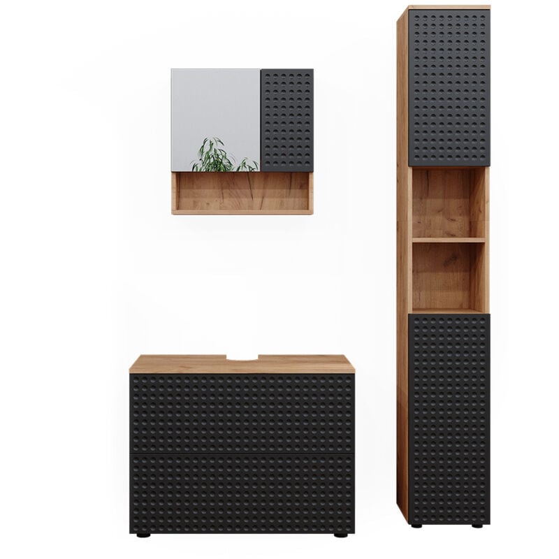 Vicco - Ensemble de meubles de salle de bain Irma, Anthracite à pois, 3 pièces, avec armoire à tiroirs et armoire haute