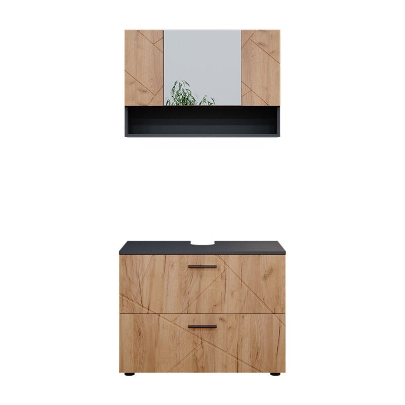 Vicco - Ensemble de meubles de salle de bain Irma, Chêne doré/anthracite, 2 pièces, armoire basse 80 cm