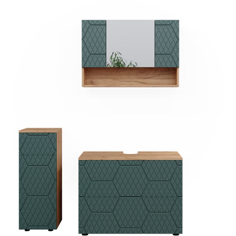 Vicco - Ensemble de meubles de salle de bain Irma, Vert, 3 pièces, avec armoire à tiroirs et armoire middle