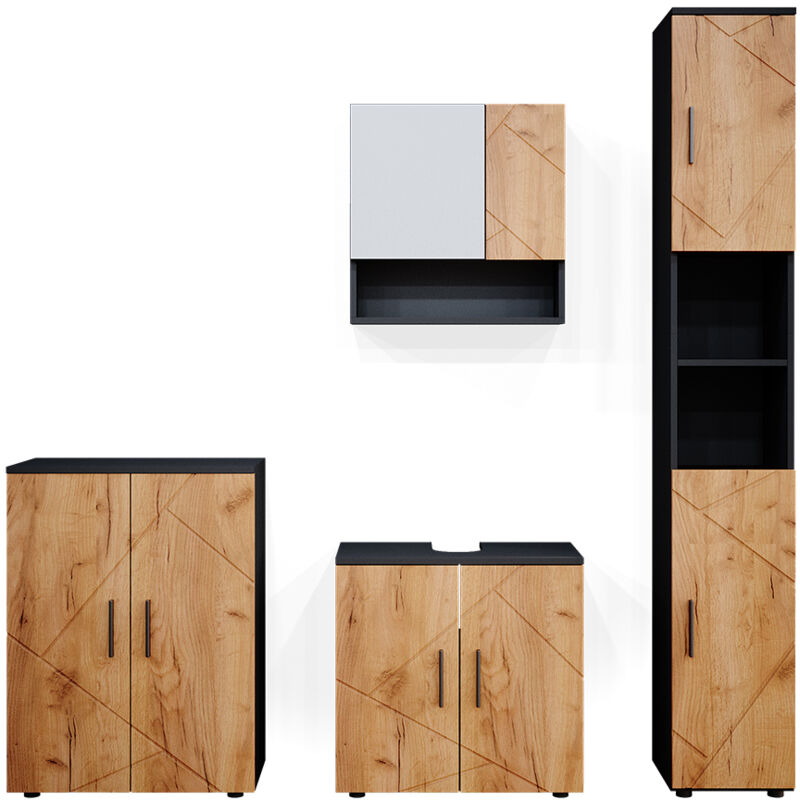 Vicco - Ensemble de meubles de salle de bain Irma, Chêne doré/anthracite, 4 pièces, avec armoire haute et commode