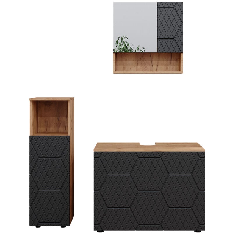 Vicco - Ensemble de meubles de salle de bain Irma, Anthracite rayé, 3 pièces, avec armoire de milieu