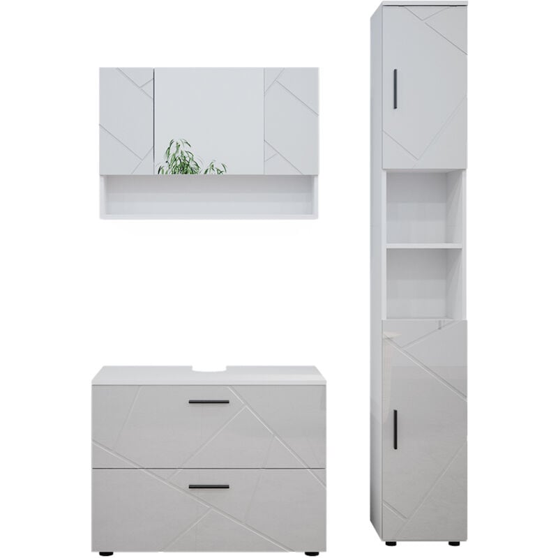 Vicco - Ensemble de meubles de salle de bain Irma, Blanc Haute brillance, 3 pièces, armoire basse 80 cm