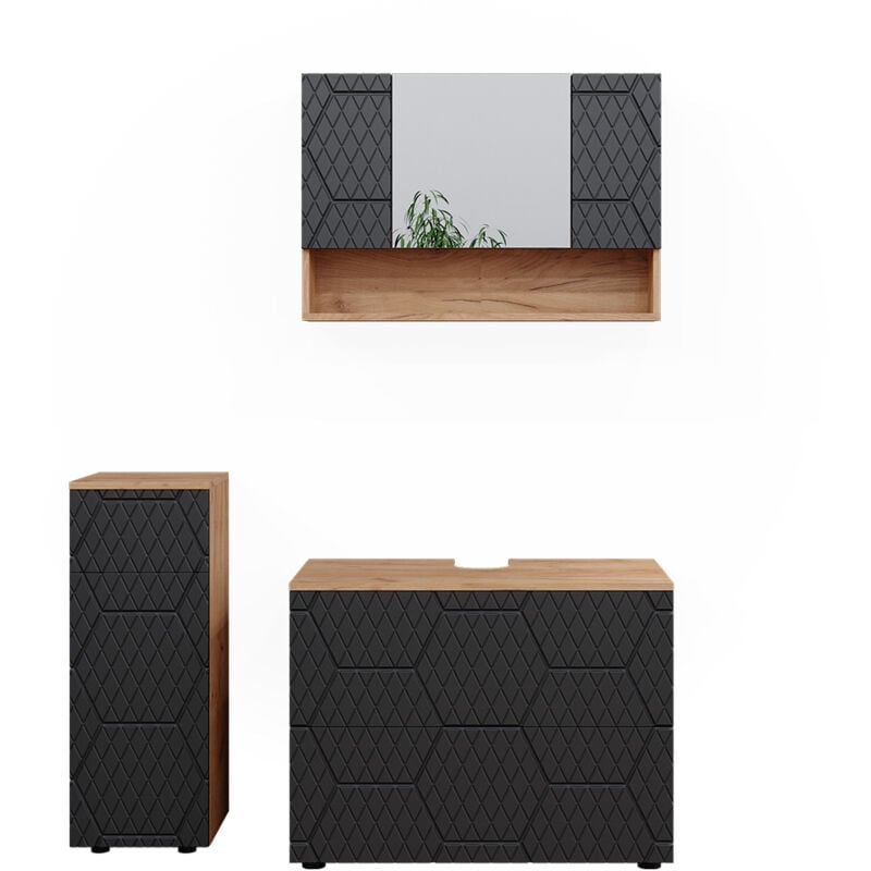 Vicco - Ensemble de meubles de salle de bain Irma, Anthracite rayé, 3 pièces, avec armoire à tiroirs et armoire middle