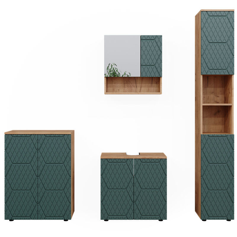 Vicco - Ensemble de meubles de salle de bain Irma, Vert, 4 pièces, avec armoire haute et commode