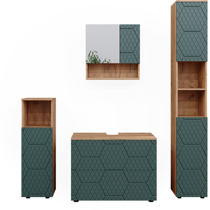 Vicco - Ensemble de meubles de salle de bain Irma, Vert, 4 pièces, avec armoire à tiroirs et armoire haute