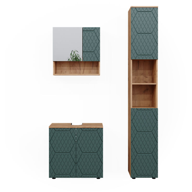 Vicco - Ensemble de meubles de salle de bain Irma, Vert, 3 pièces, avec armoire haute