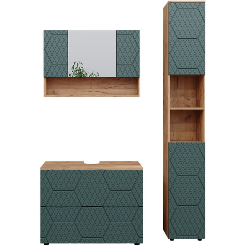 Vicco - Ensemble de meubles de salle de bain Irma, Vert, 3 pièces, avec armoire de toilette 80 cm