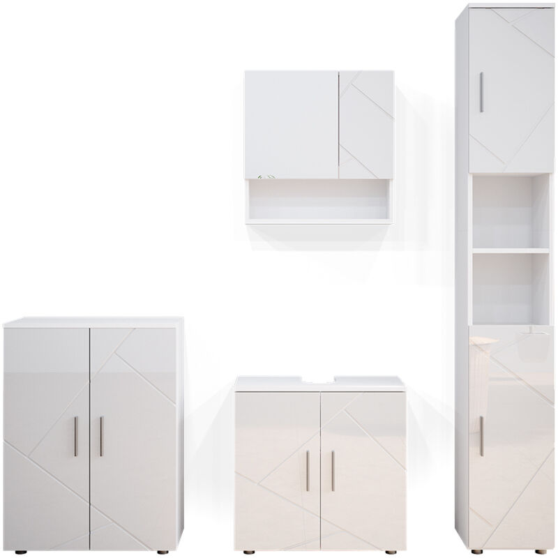 Vicco - Ensemble de meubles de salle de bain Irma, Blanc Haute brillance, 4 pièces, avec armoire haute et commode