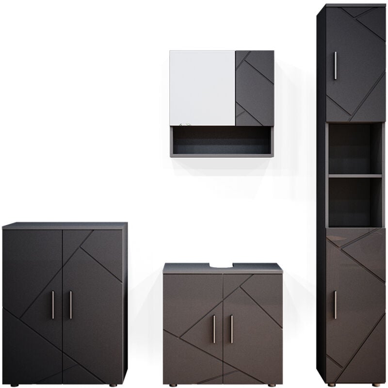 Vicco - Ensemble de meubles de salle de bain Irma, Anthracite Haute brillance, 4 pièces, avec armoire haute et commode