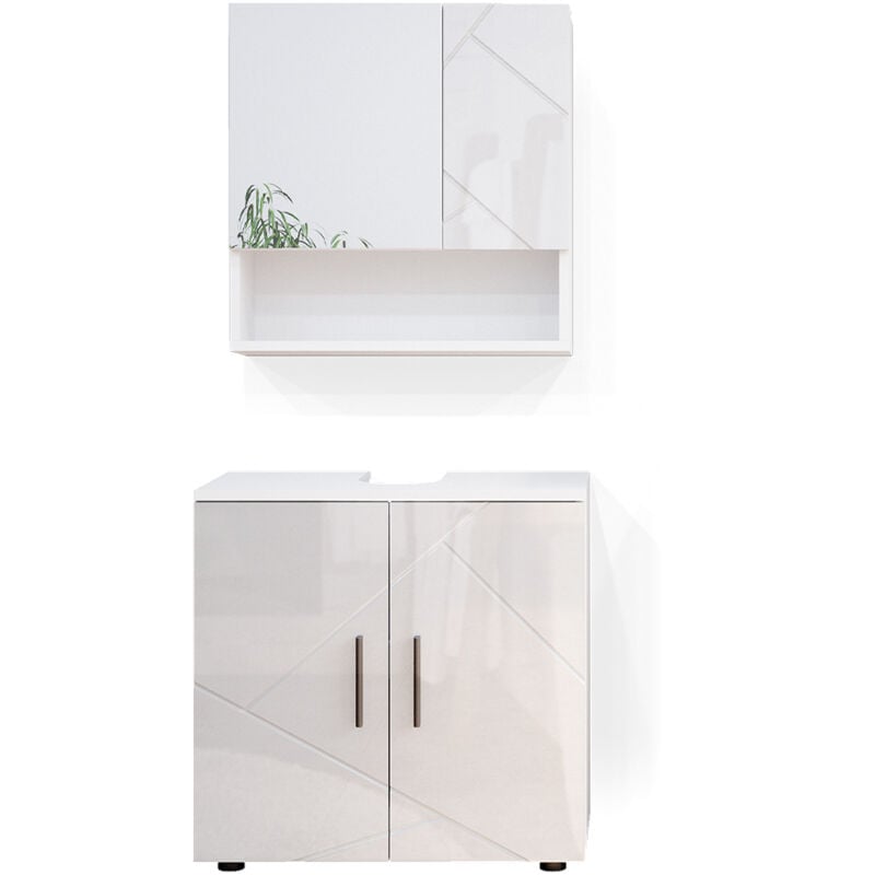 Vicco - Ensemble de meubles de salle de bain Irma, Blanc Haute brillance, 2 pièces, armoire basse 60 cm