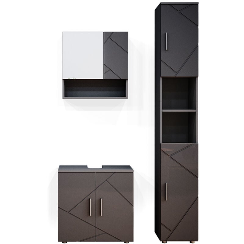 Vicco - Ensemble de meubles de salle de bain Irma, Anthracite Haute brillance, 3 pièces, avec armoire haute