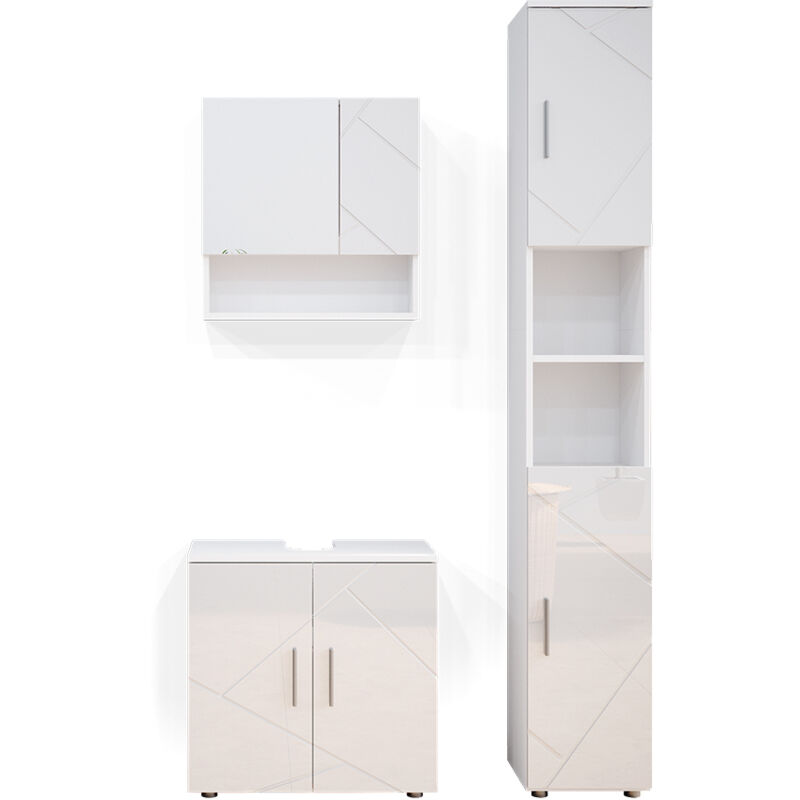 Ensemble de meubles de salle de bain Irma, Blanc Haute brillance, 3 pièces, avec armoire haute, Vicco