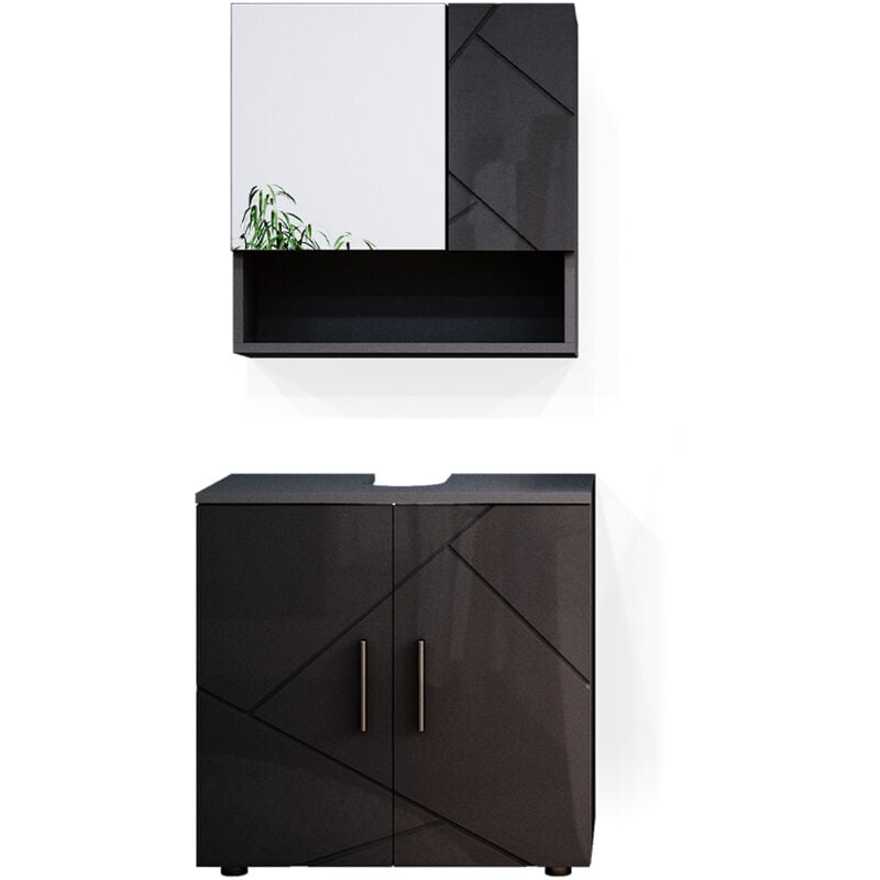 Vicco - Ensemble de meubles de salle de bain Irma, Anthracite Haute brillance, 2 pièces, armoire basse 60 cm