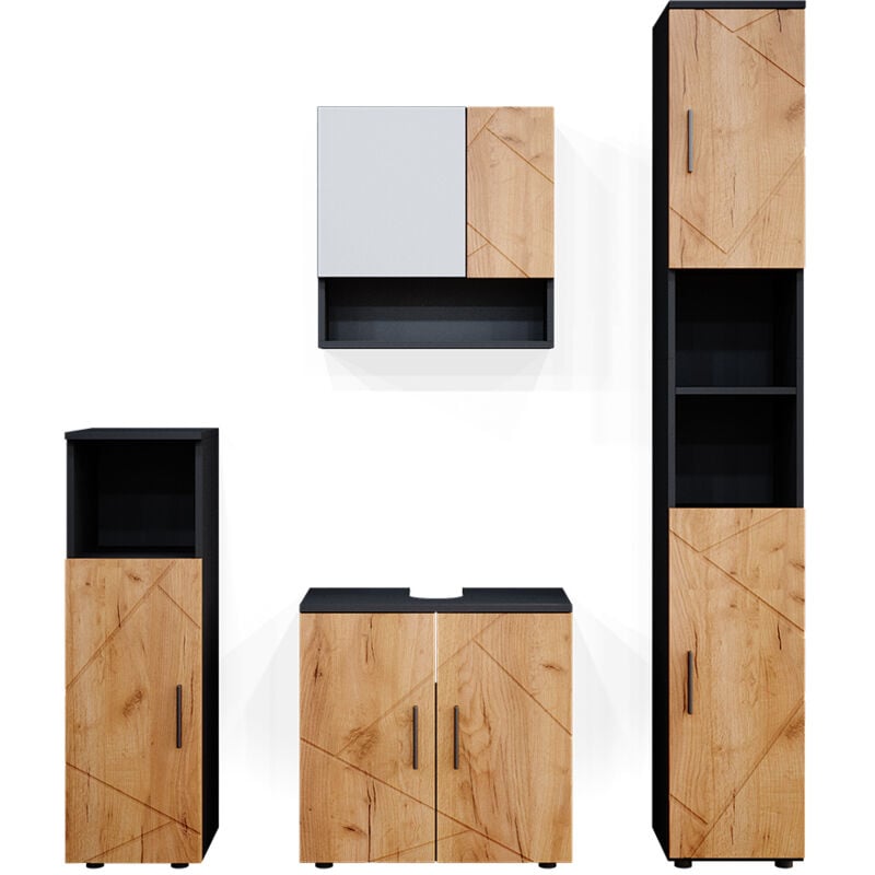 Vicco - Ensemble de meubles de salle de bain Irma, Chêne doré/anthracite, 4 pièces, avec armoire haute