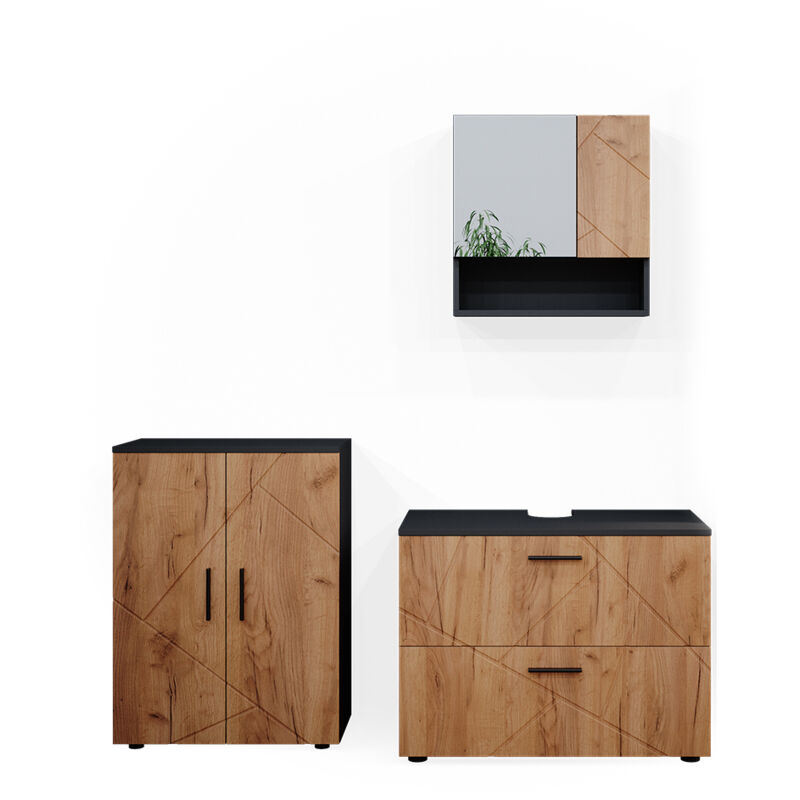 Vicco - Ensemble de meubles de salle de bain Irma, Chêne doré/anthracite, 3 pièces, avec armoire basse 80 cm