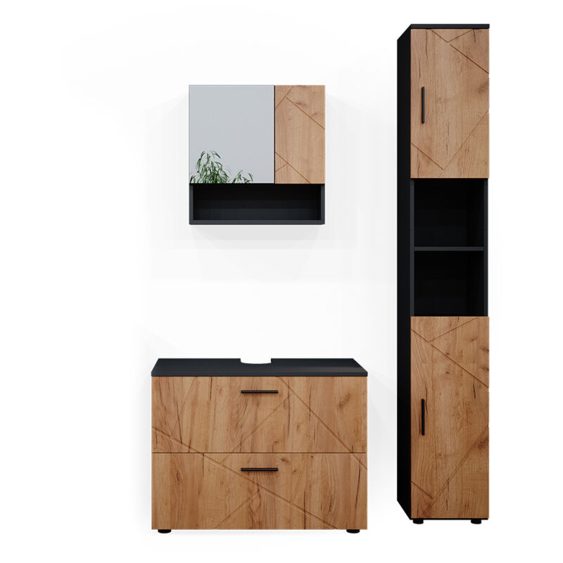 Ensemble meubles bain Irma, Chêne doré/anthracite, 3 pièces, avec tiroirs et armoire haute, Vicco
