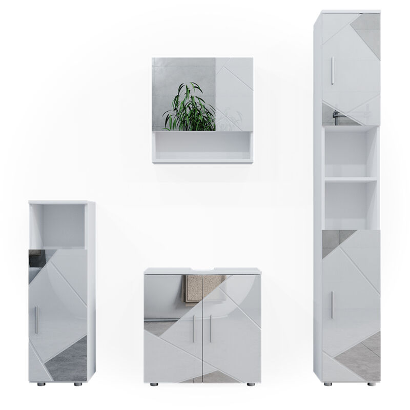 Vicco - Ensemble de meubles de salle de bain Irma, Blanc brillant avec inserts, 4 pièces, avec armoire haute